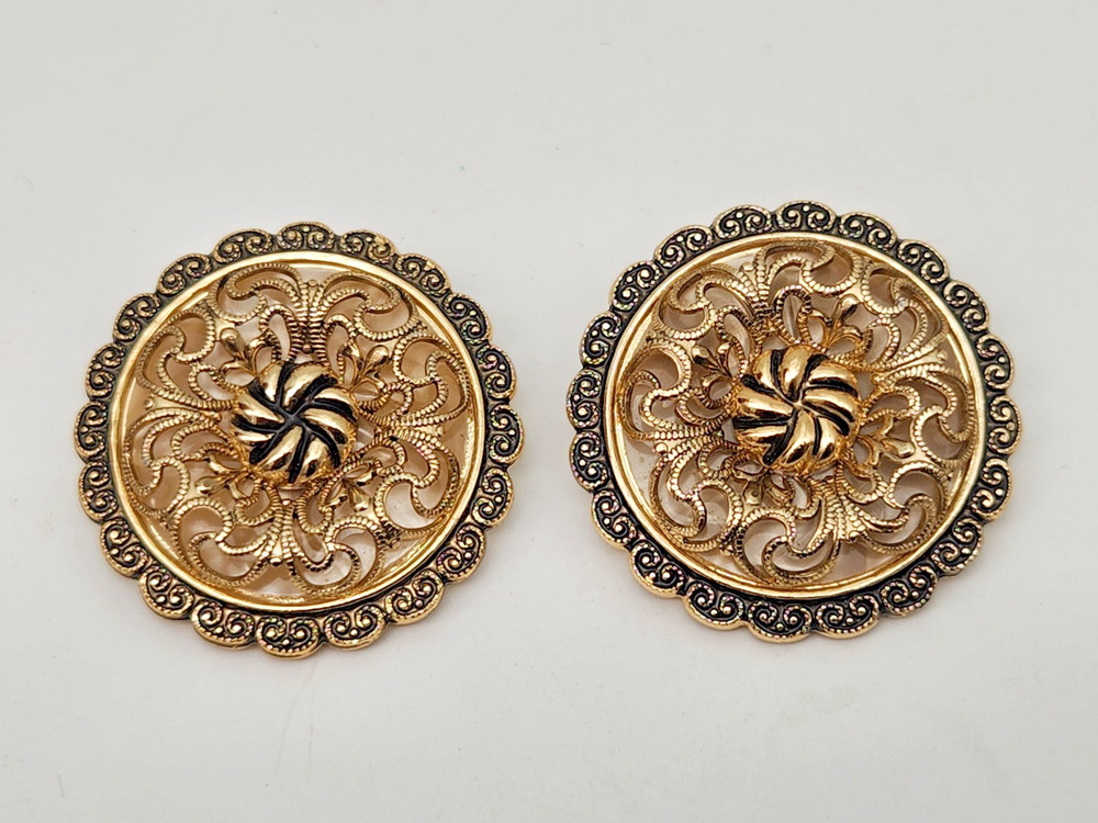 Pair Vintage Gold-Tone Filigree Round Metal Scarf Clip Made in West Germany
